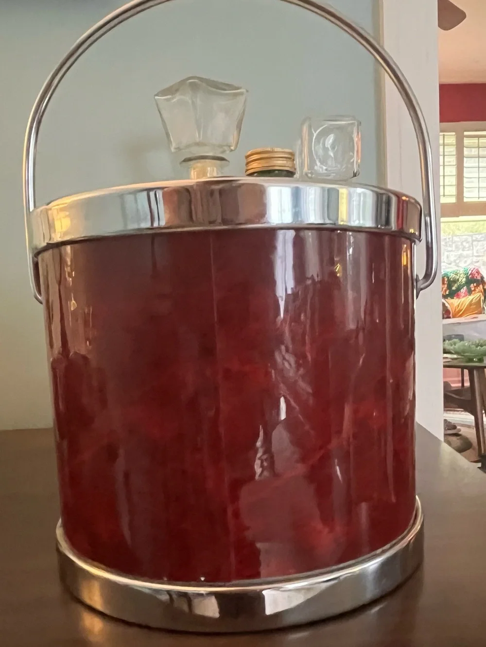 Vintage MCM Chrome Ice Bucket Stand W/embossed Merlot Vinyl Ice Bucket